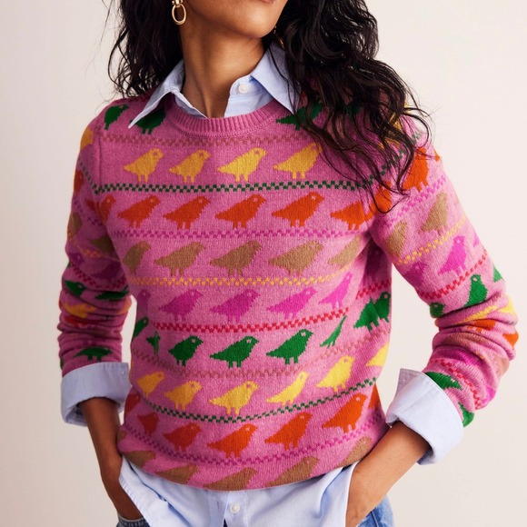 Boden Edie Fair Isle Sweater Pink Colorful Bird Animal Print Crew Neck Jumper - Picture 13 of 15